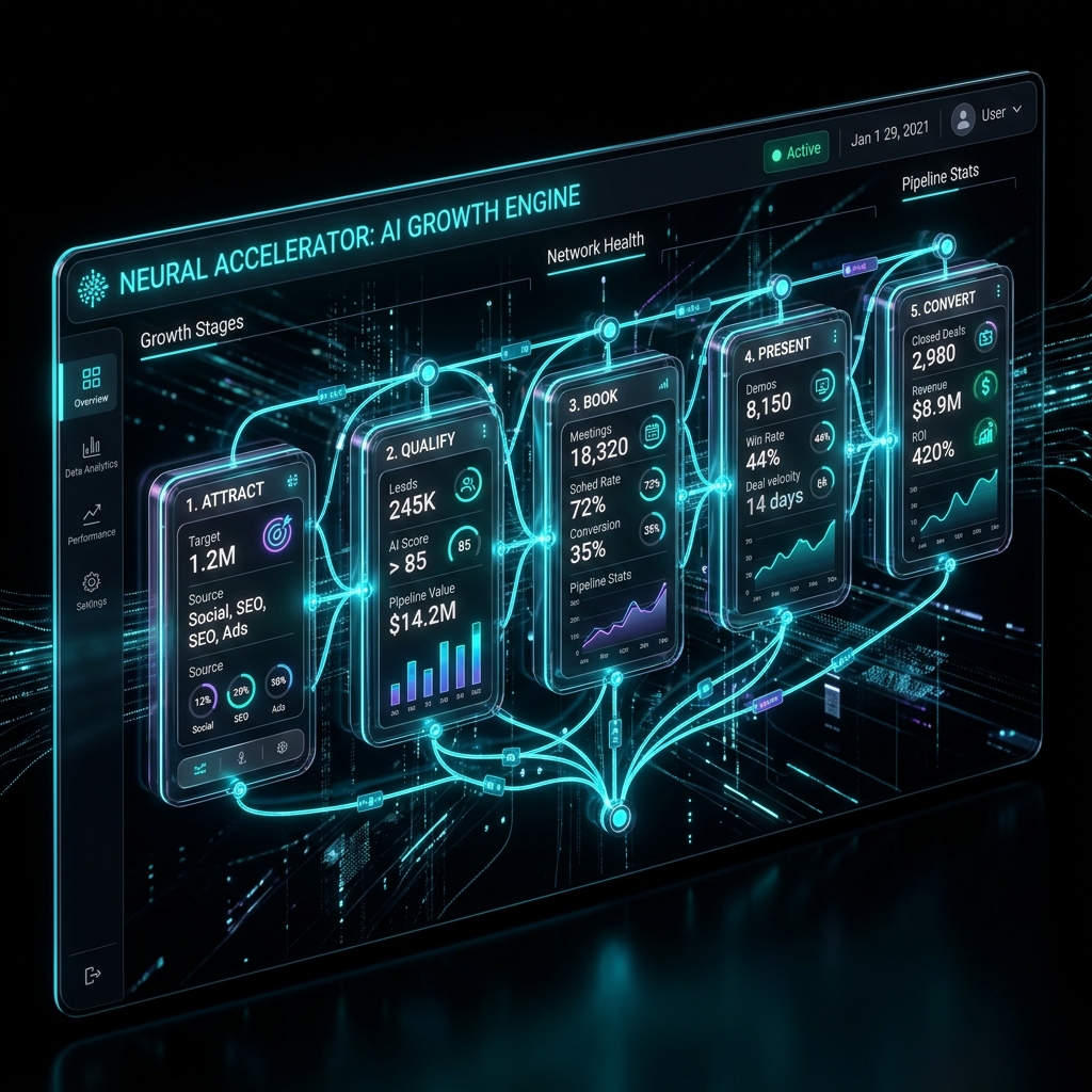 Neural Accelerator: AI Growth Engine showing 5 interconnected stages